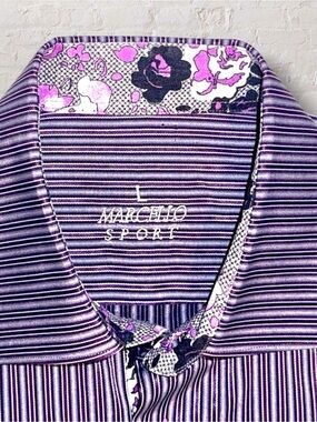Marcello Sport Men’s Dress Shirt L | Purple Stripe & Floral | Made in Turkey